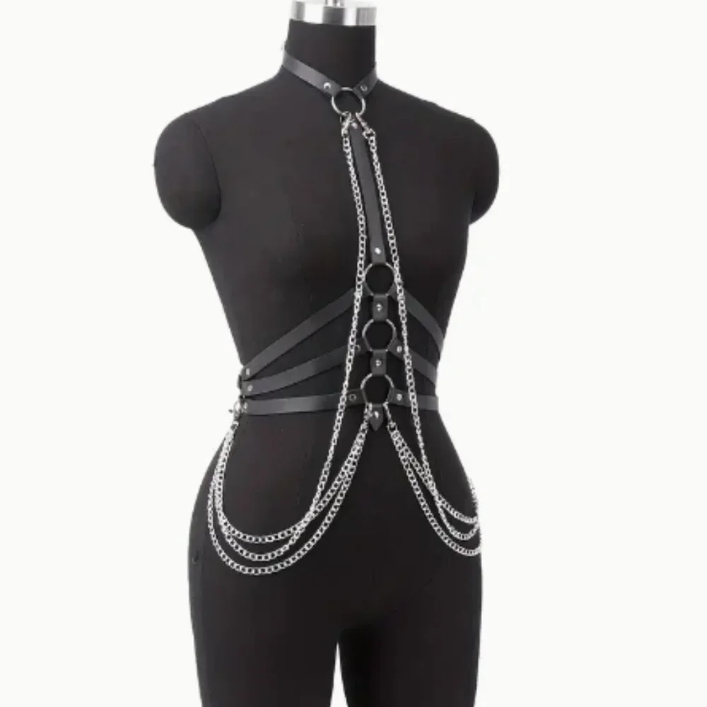 PU Leather Draped Layered Chain Choker Harness